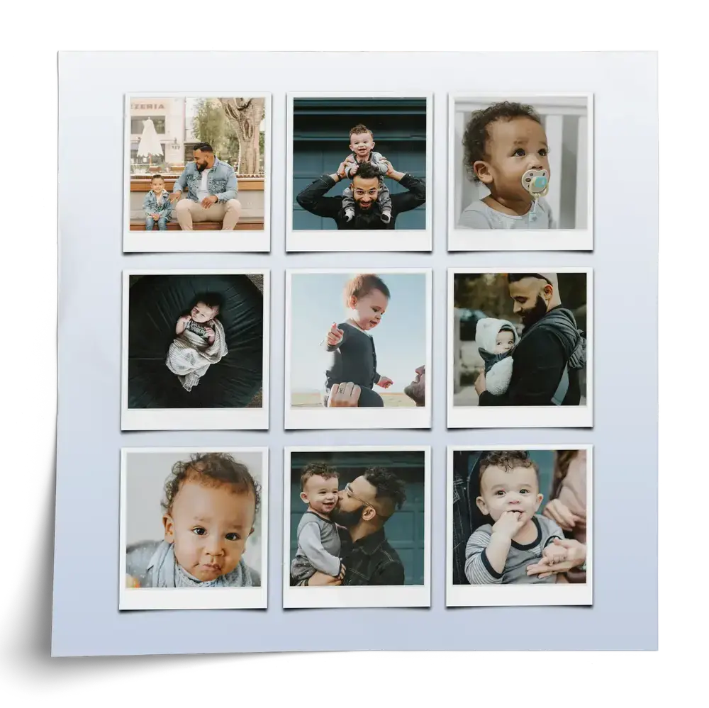 Poster pêle-mêle de neuf photos style Polaroid de papa et ses enfants sur un dégradé bleu clair