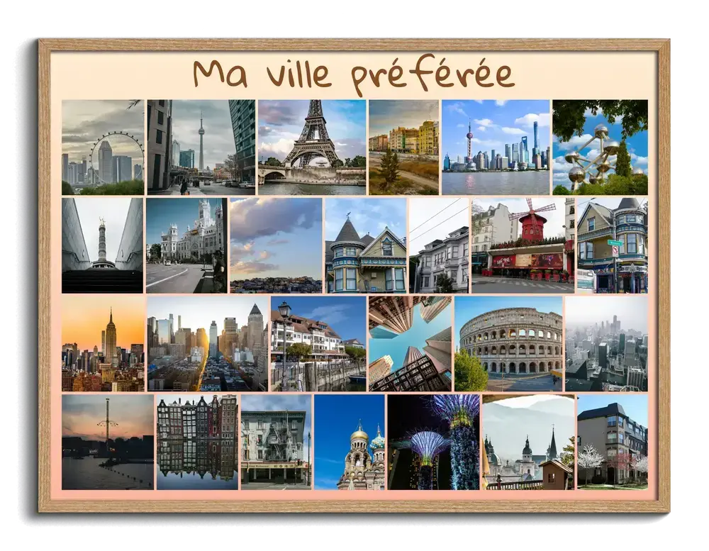 Collage de monuments du monde en grille avec titre personnalisé et cadre bois, cadeau souvenir de vacances