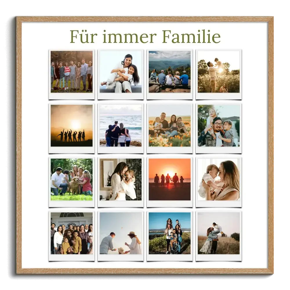 Familien-Fotocollage mit 16 Bildern im Polaroid-Stil im Naturholzrahmen als Geschenk für die ganze Familie