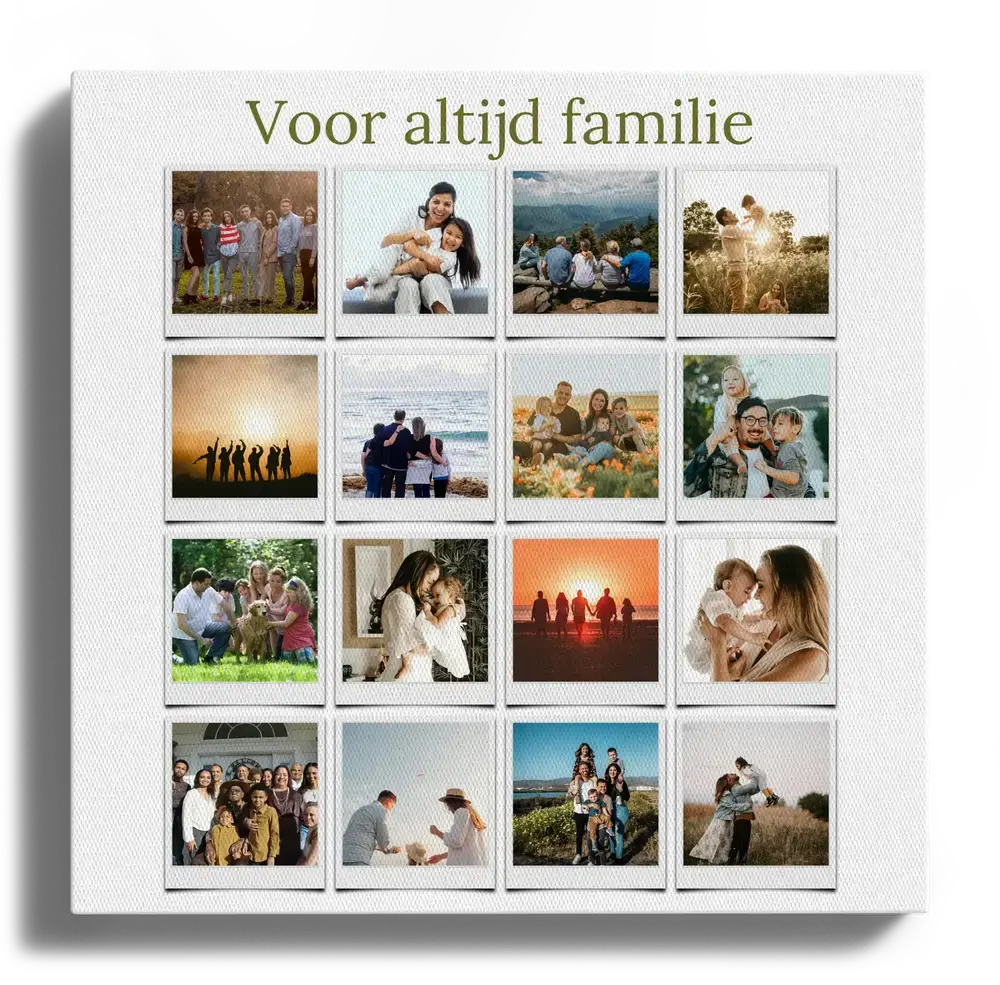 Familiecollage op canvas met 16 foto's in polaroidstijl, in een strak raster met een tekst erboven