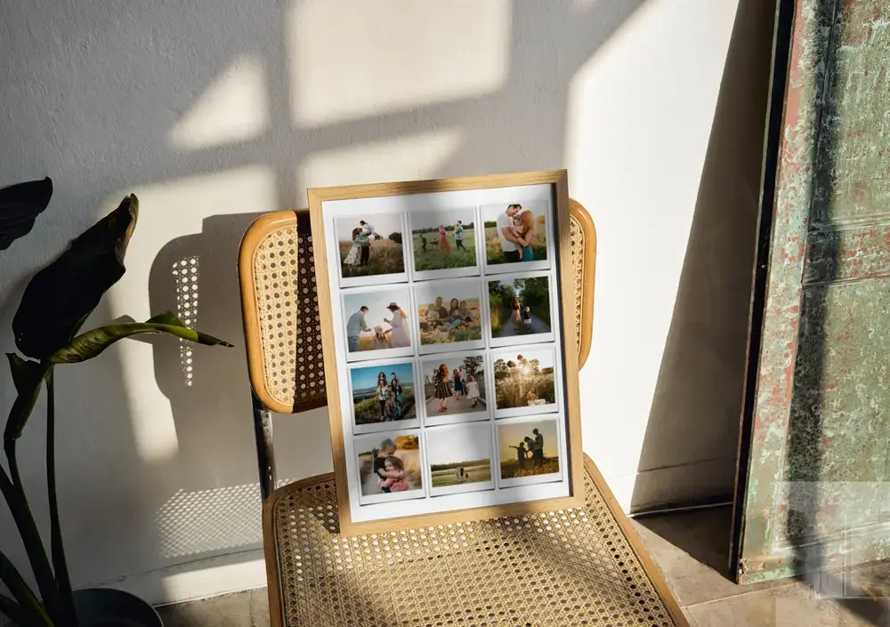 Collage photo de famille façon Polaroid, encadré en bois naturel sur une chaise cannée, une idée cadeau pour la famille