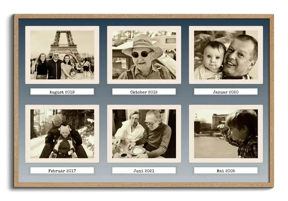Retro fotocollage met 6 sepia familiefoto’s en datums op een blauwgrijze achtergrond, in een naturel houten lijst