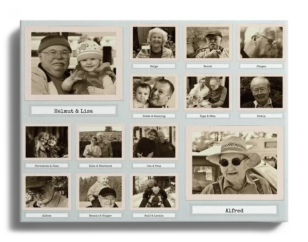 Retro-Fotocollage auf Leinwand mit sepiafarbenen Familienfotos im Polaroid-Stil und individuellen Namen