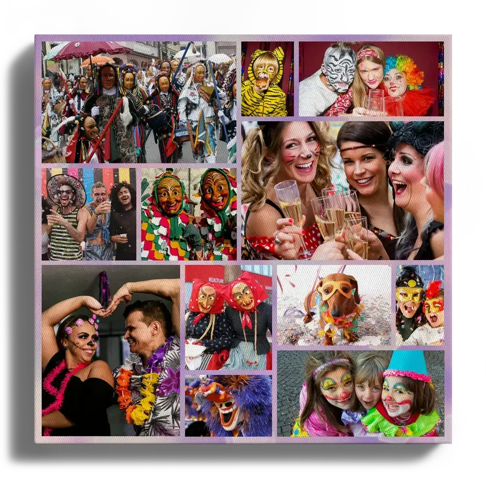 Carnavalsfotocollage op staand canvas met kostuums, maskers en geschminkte kinderen in een speelse fotoverdeling