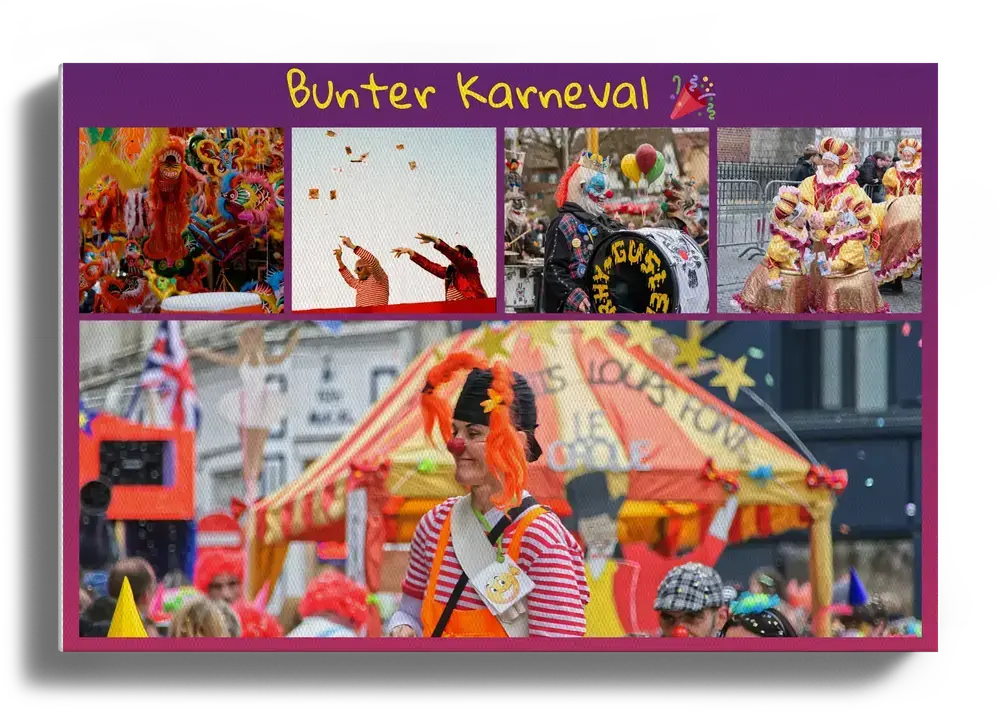 Karneval-Fotocollage auf Leinwand mit großem Umzugsfoto, vier kleinen Fotos und individueller Überschrift auf Lila