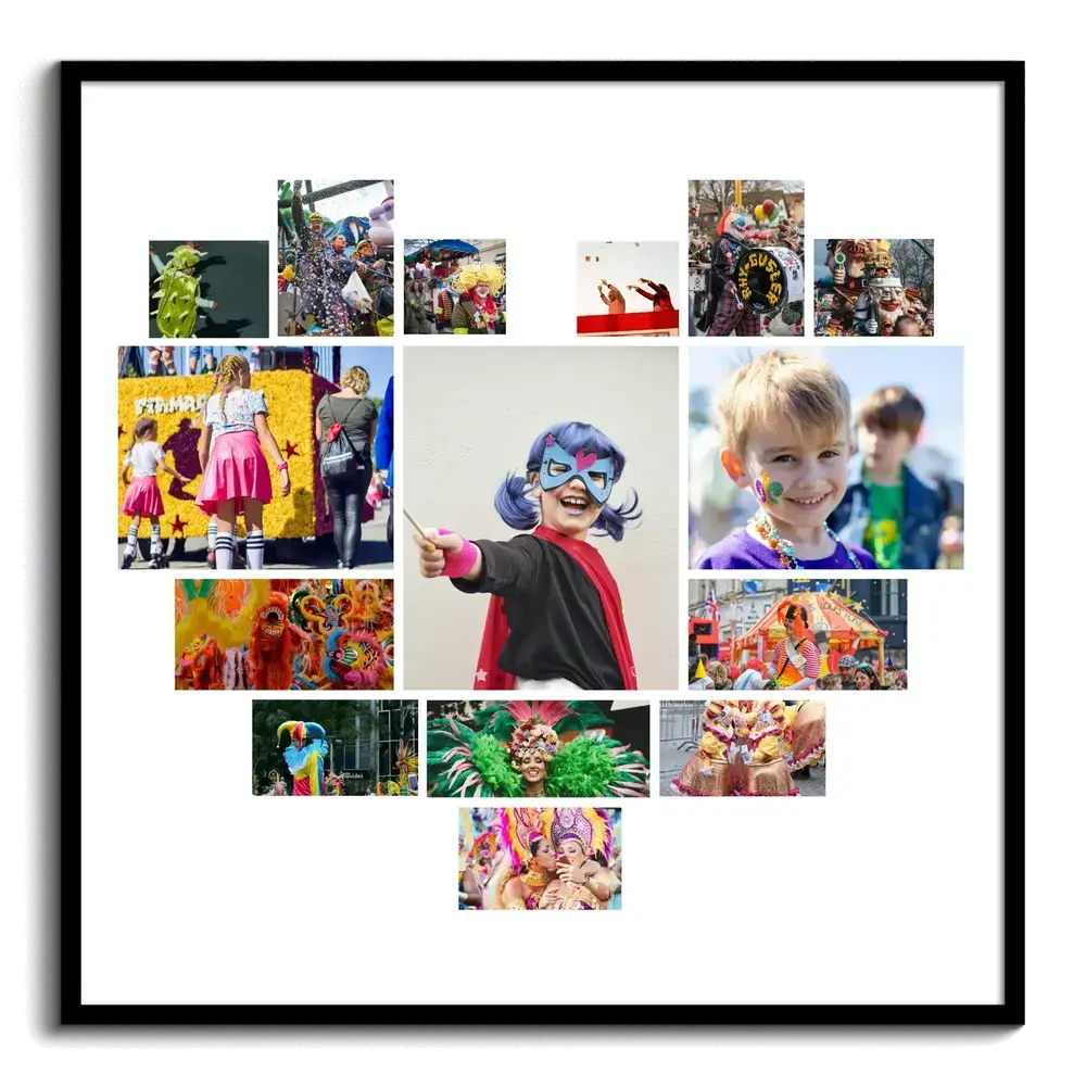 Hartvormige carnavalsfotocollage met kostuums en geschminkte kinderen op wit, in een zwarte lijst