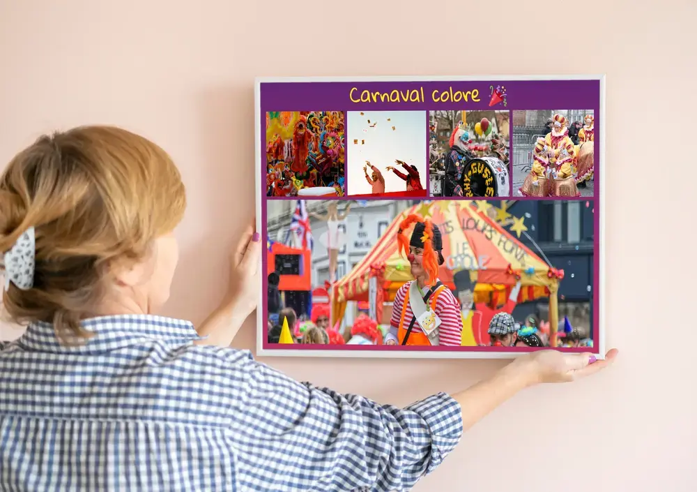 Pêle-mêle photo de carnaval sur fond violet avec texte personnalisé, sur un mur clair, cadeau pour la famille
