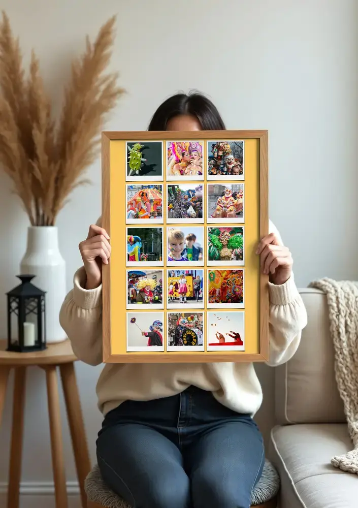 Carnavalsfotocollage op geel in een houten lijst, in de woonkamer als cadeau voor carnavalsliefhebbers