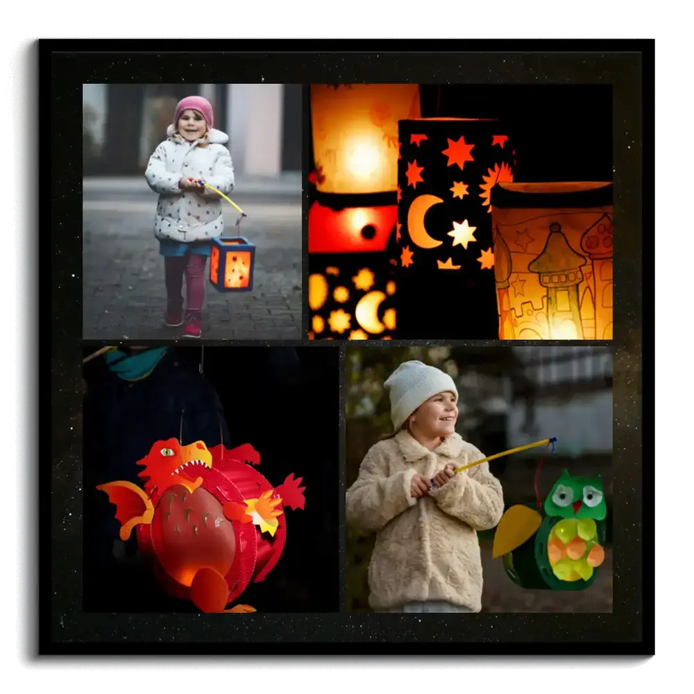 Fotocollage voor Sint-Maarten met vier foto's van kinderen en kleurrijke lampionnen, in een zwarte lijst