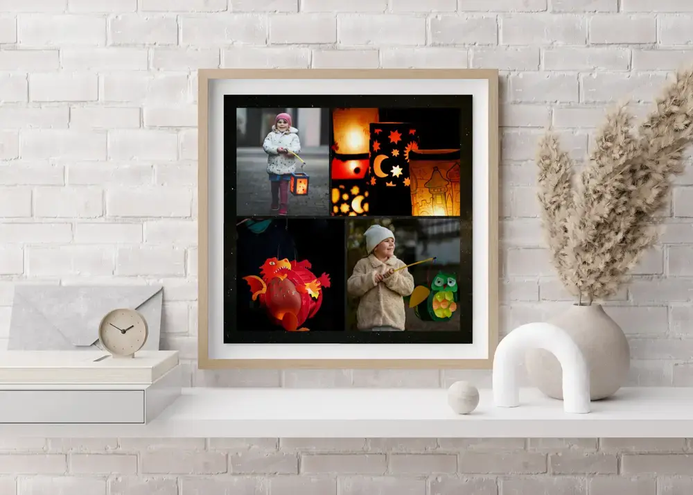 Ingelijste fotocollage met vier lampionfoto's boven een wit dressoir, een persoonlijk cadeau voor opa en oma