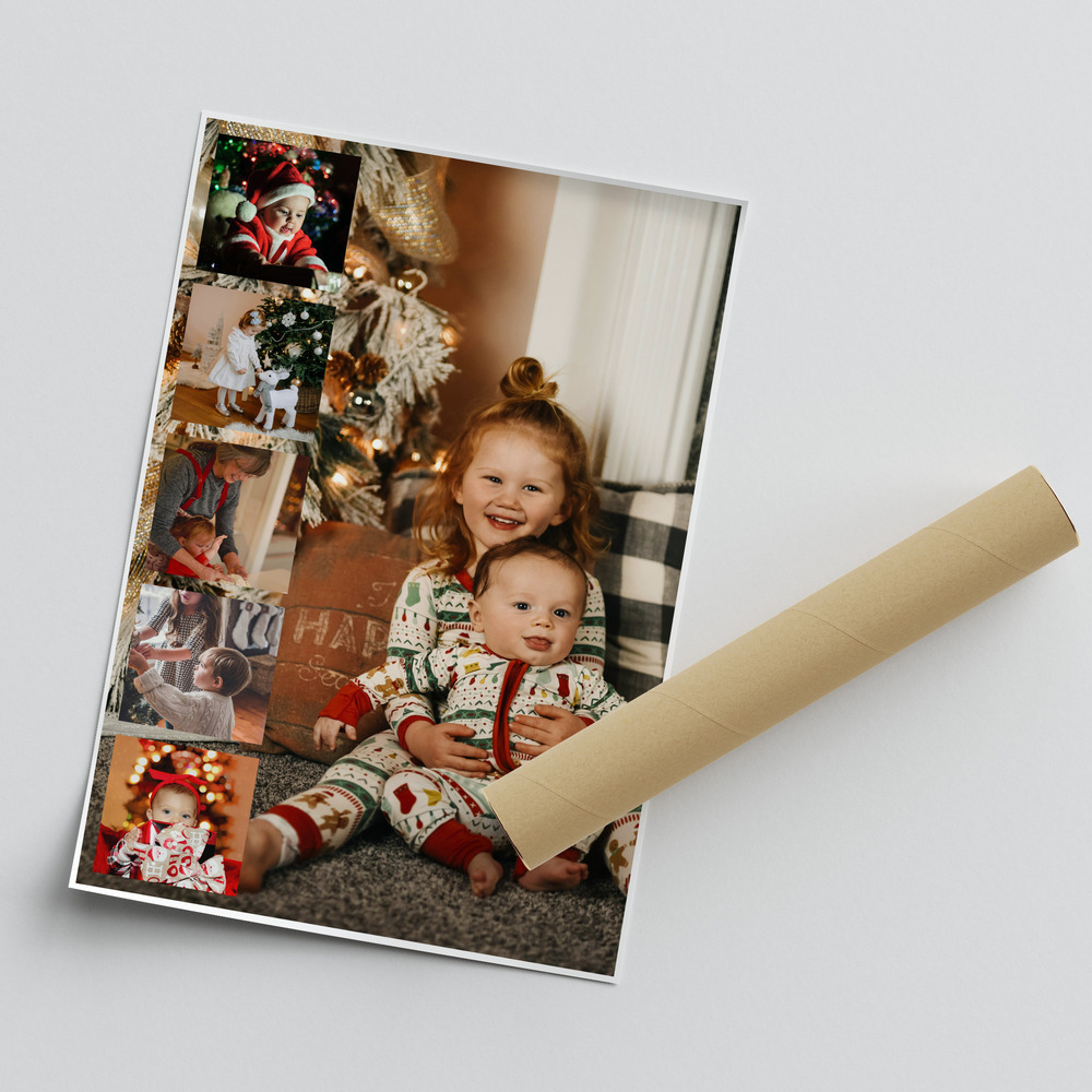 Cadeau de Noël : affiche pêle-mêle avec grande photo d’enfants et bande de photos, près d’un tube d’expédition