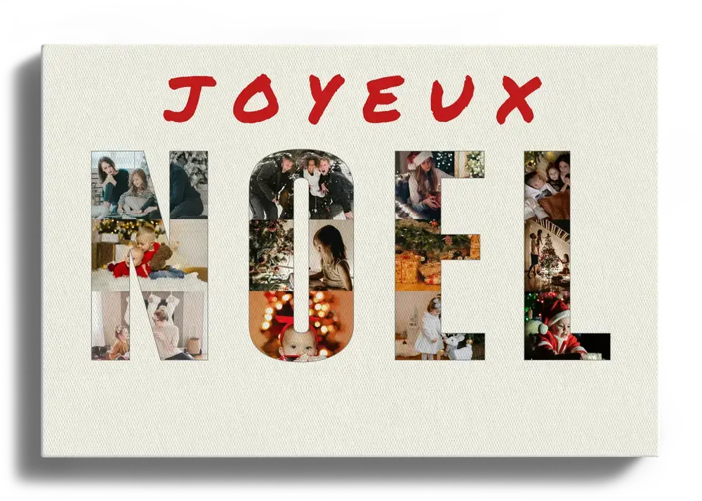 Collage photo sur toile avec lettres remplies de photos et vœux rouges, une idée cadeau de Noël pour la famille