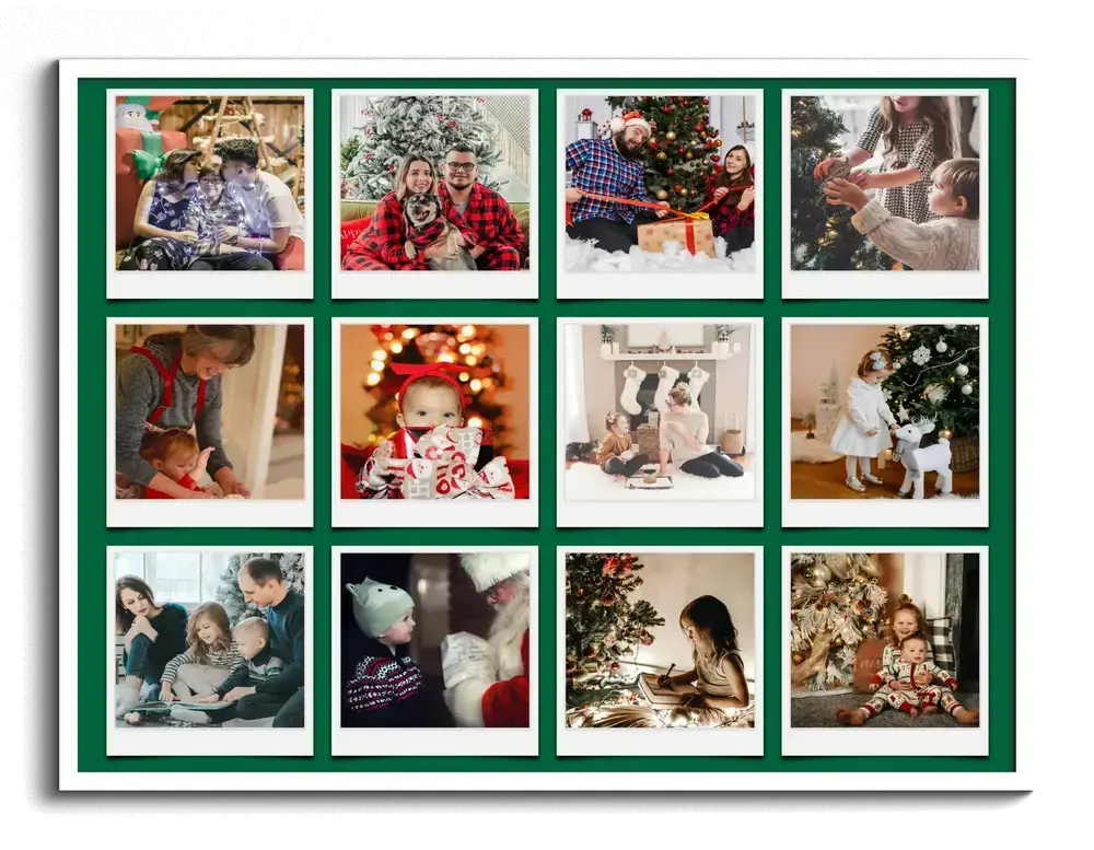Pêle-mêle de Noël avec douze photos de famille façon Polaroid sur fond vert foncé, dans un cadre blanc