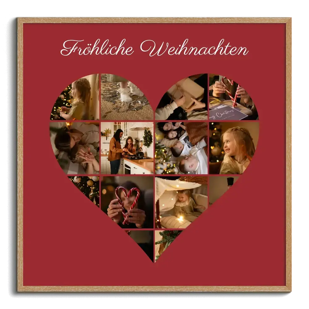 Fotocollage als Weihnachtsgeschenk: Familienfotos in Herzform auf Dunkelrot, im Naturholzrahmen