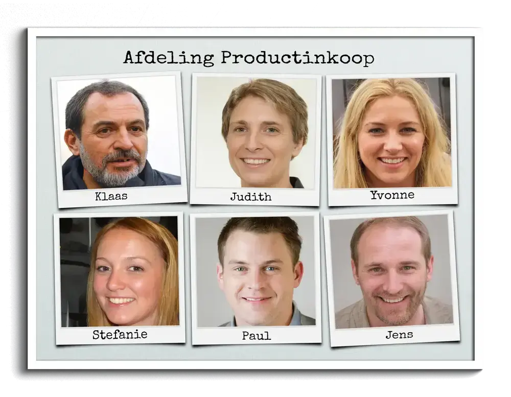Fotocollage van het team met zes foto's in polaroidstijl en namen, in witte lijst, als persoonlijk cadeau voor collega's