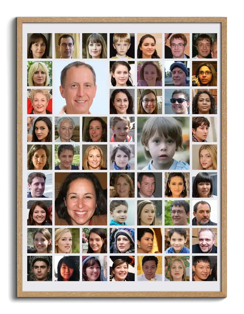 Collage photo en cadre bois naturel, portraits carrés et agrandis : une idée cadeau pour les collègues