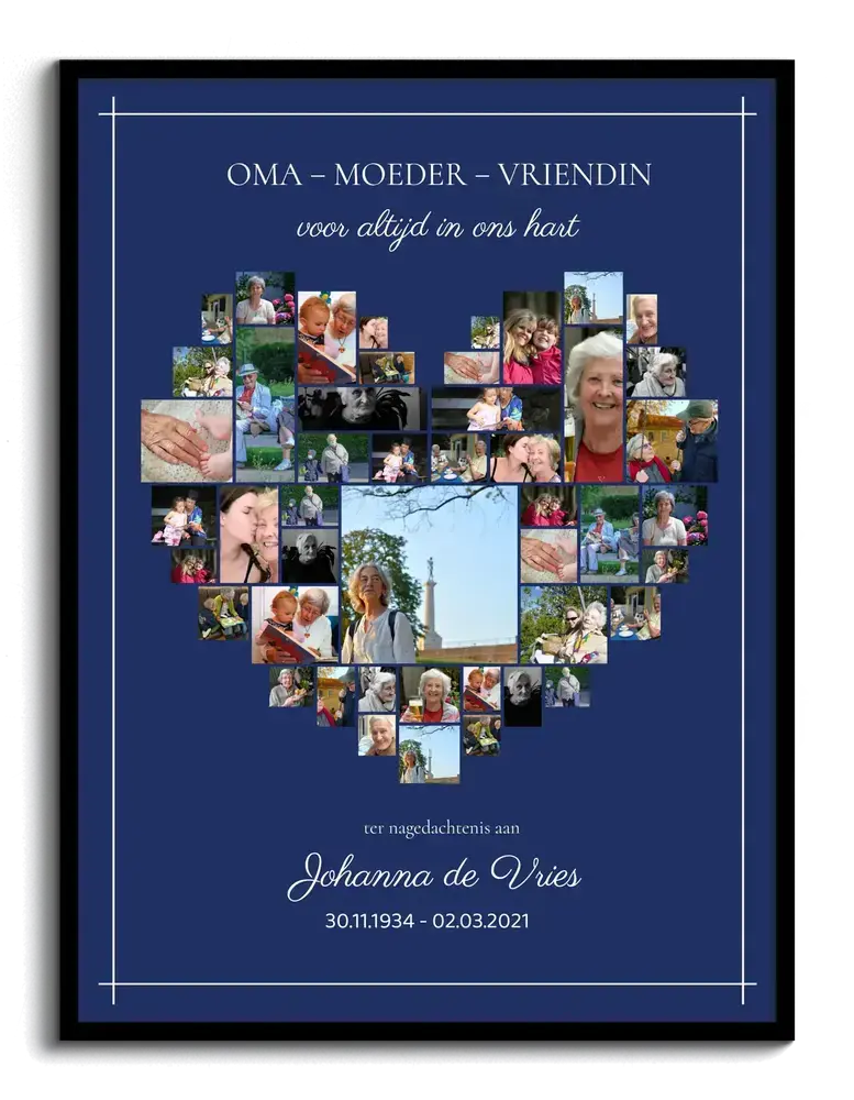 Fotocollage ter nagedachtenis in zwarte lijst, met foto's in hartvorm op donkerblauw en een persoonlijke naam