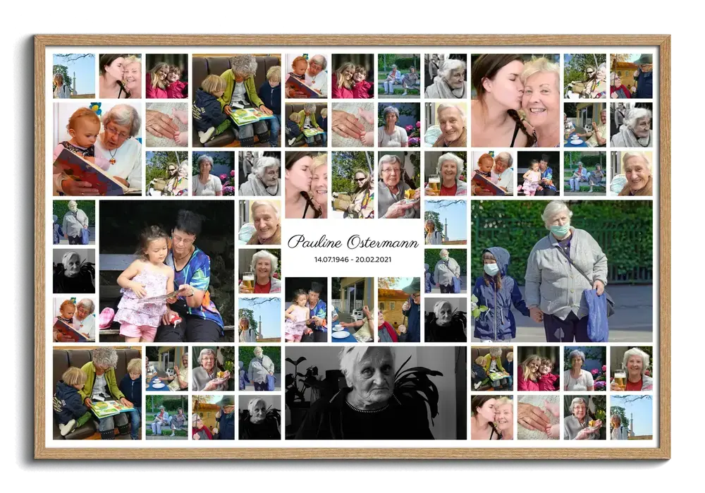 Trauercollage im Naturholzrahmen mit vielen Erinnerungsfotos im Raster und zentralem Feld für Name und Lebensdaten