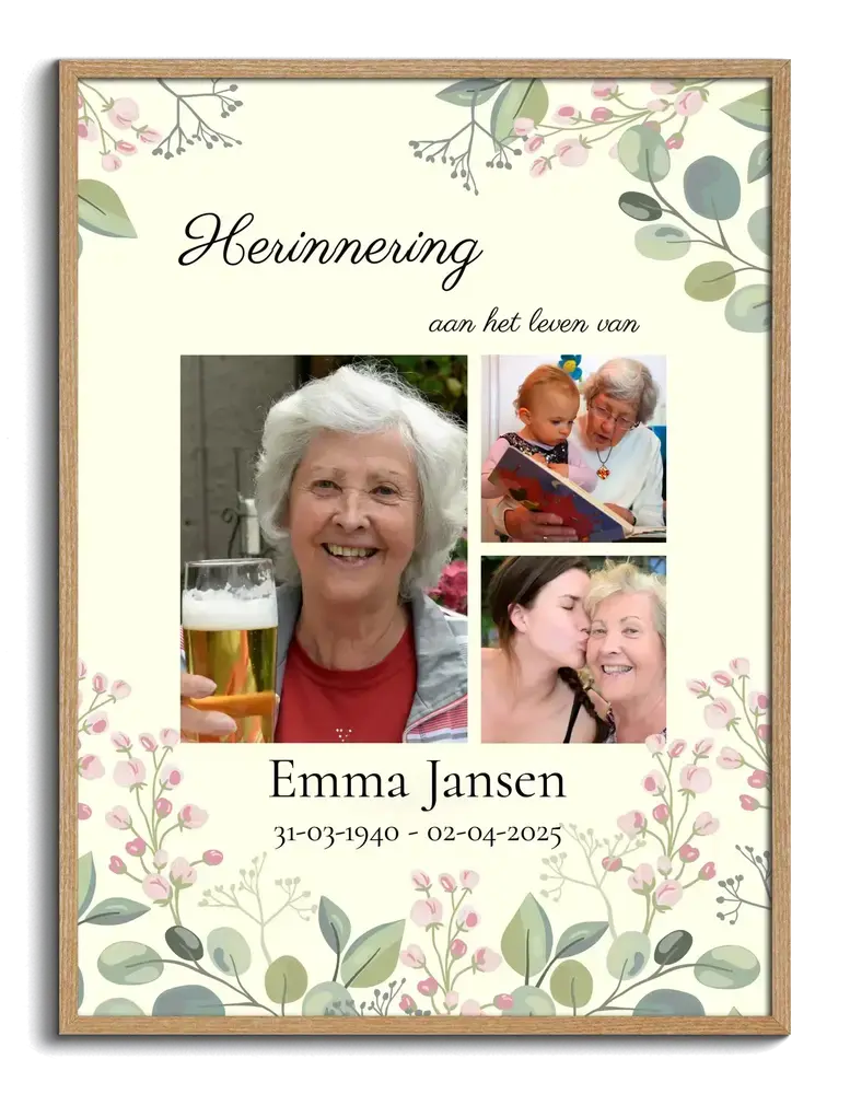 Herinneringscollage met drie foto's, naam en bloemen op een lichtgroene achtergrond, in een houten lijst