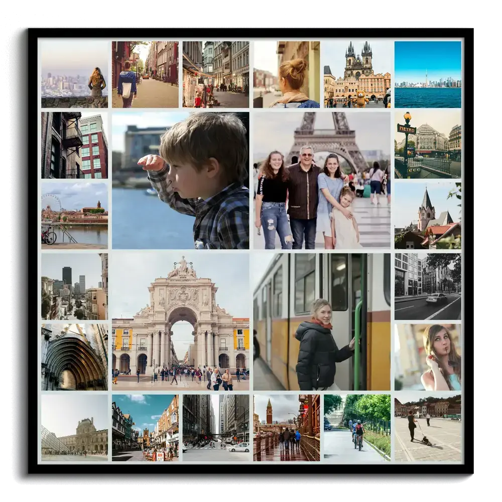 Vierkante vakantiecollage in een zwarte lijst, met vier grote reisfoto’s omringd door kleinere foto’s