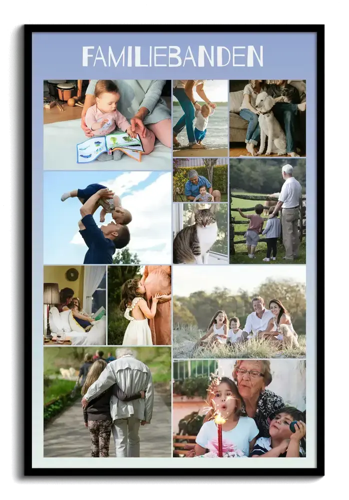 Fotocollage met familiefoto’s in verschillende formaten in een zwarte lijst, een persoonlijk cadeau voor de familie