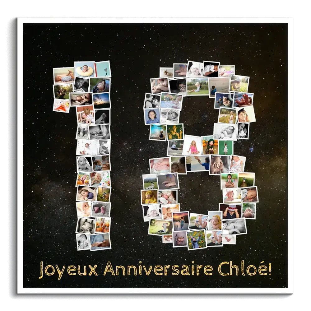 Pêle-mêle photo en forme de 18 sur fond noir, avec message d’anniversaire et cadre blanc