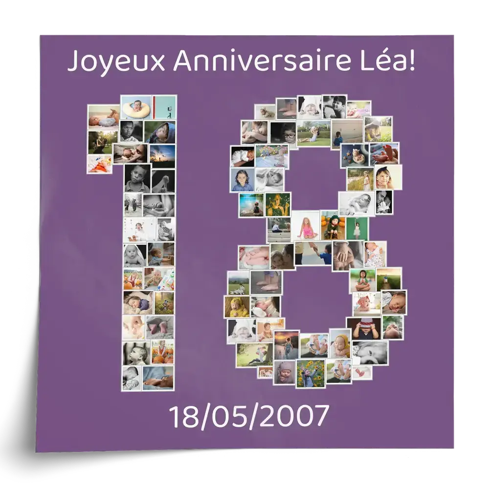 Affiche personnalisée pour un 18e anniversaire, avec des photos formant le nombre 18 sur fond violet, prénom et date