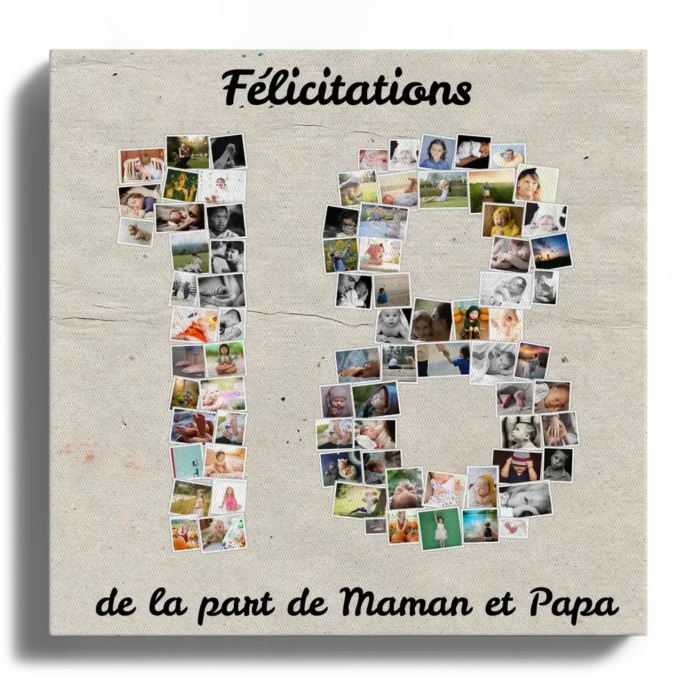 Toile personnalisée avec de nombreuses photos formant le nombre 18 sur fond crème et un message d’anniversaire
