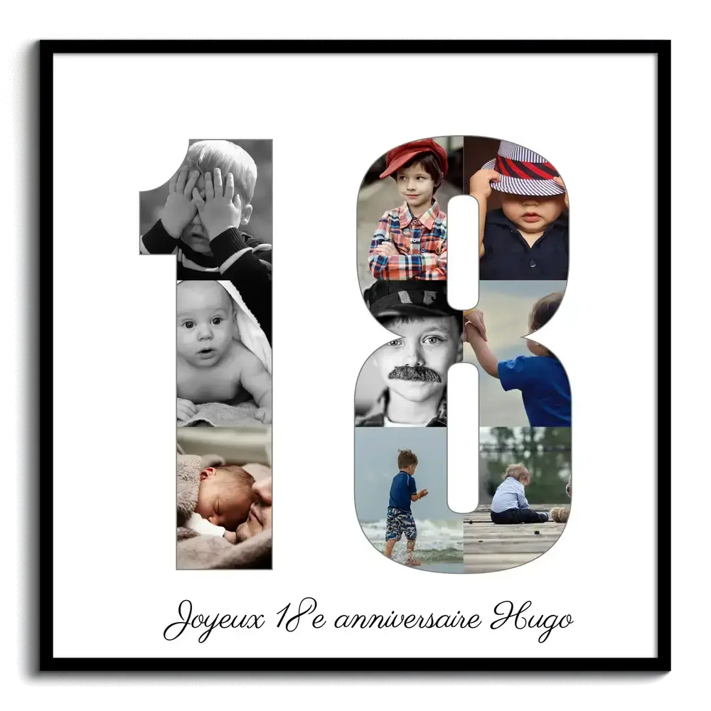 Montage photo en forme de 18 sur fond blanc, dans un cadre noir, avec un prénom et un message d’anniversaire