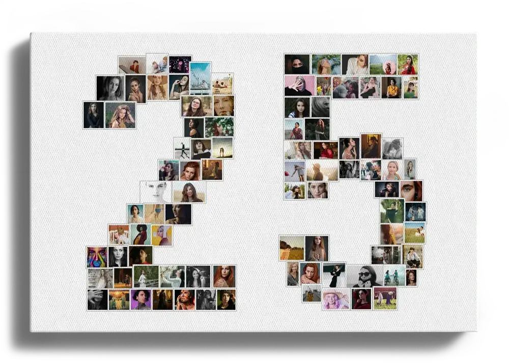 Fotocollage in de vorm van 25 op wit canvas, een persoonlijk cadeau voor een zilveren huwelijk