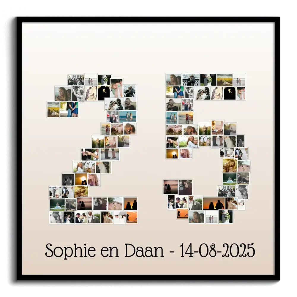 Persoonlijk huwelijkscadeau: fotocollage in de vorm van 25 met namen en datum, in zwarte lijst op lichte achtergrond