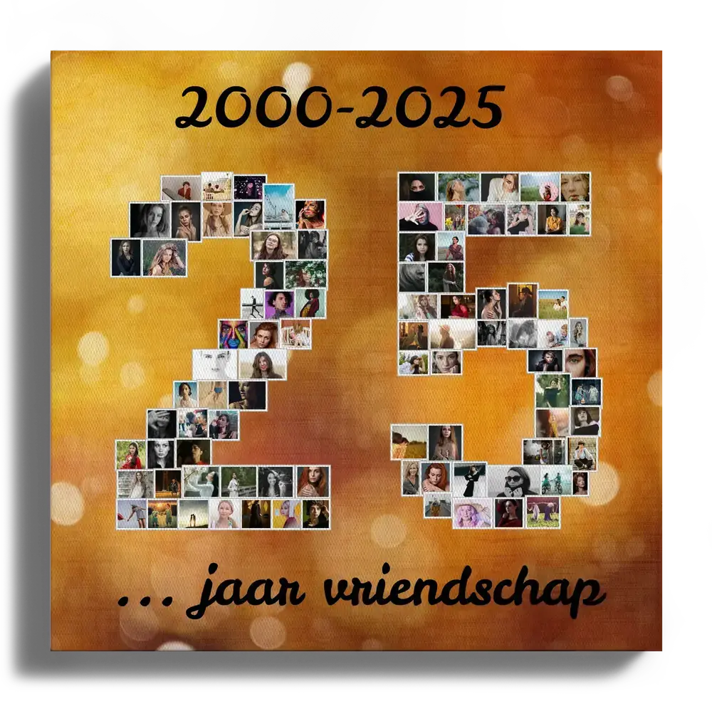 Fotocollage op canvas met het getal 25 op een goudkleurige achtergrond, een bijzonder geschenk voor 25 jaar vriendschap