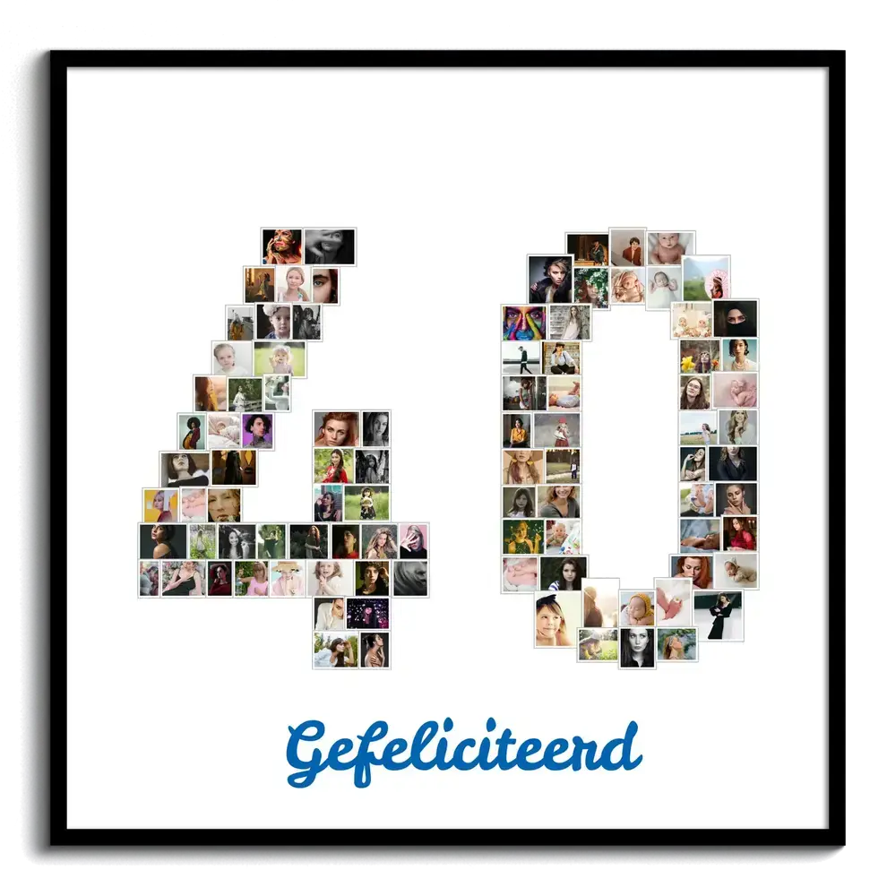 Fotocollage van kleine foto's in de vorm van 40, met blauwe verjaardagswens in een zwarte lijst
