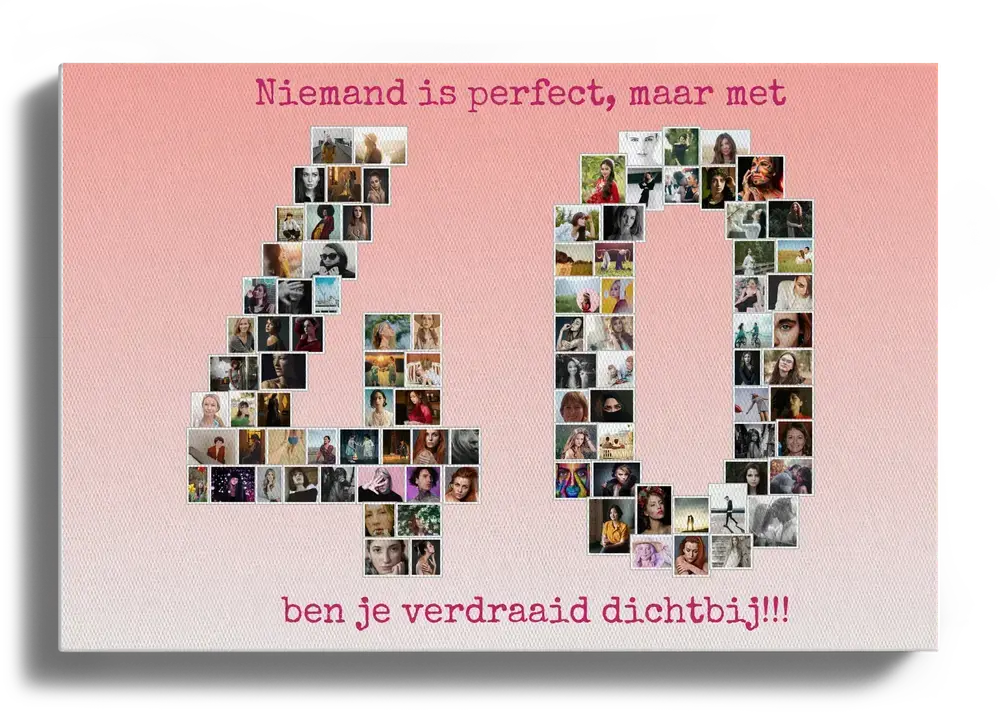 Fotocollage op canvas in de vorm van 40, met roze achtergrond en grappige tekst voor een 40e verjaardag