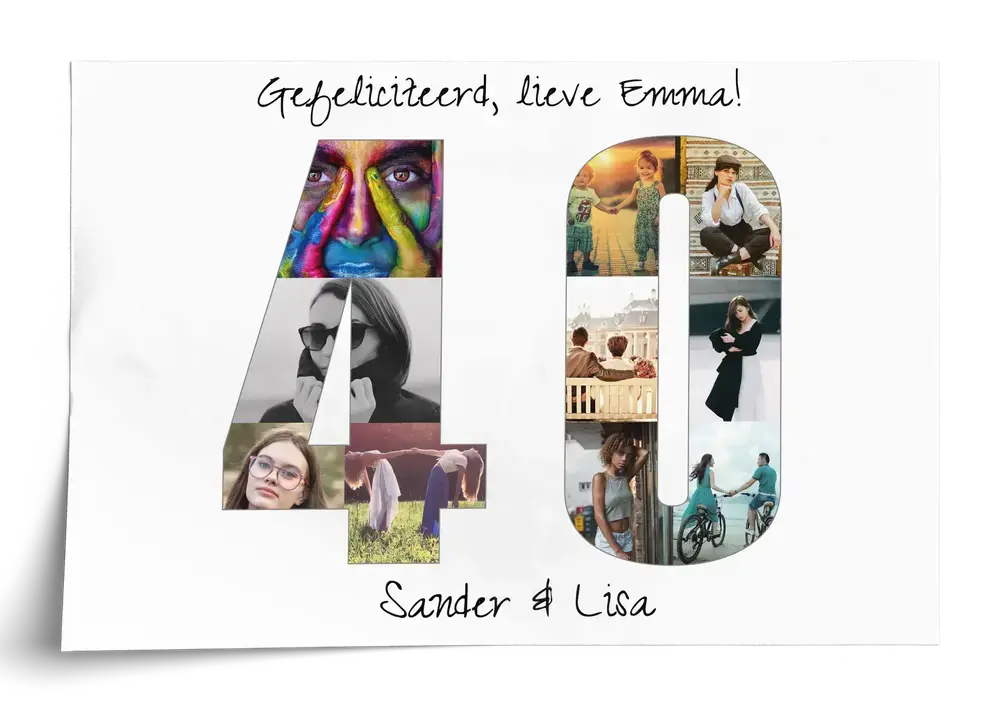 Poster met fotocollage in de vorm van 40 op een witte achtergrond, met persoonlijke verjaardagswens en namen