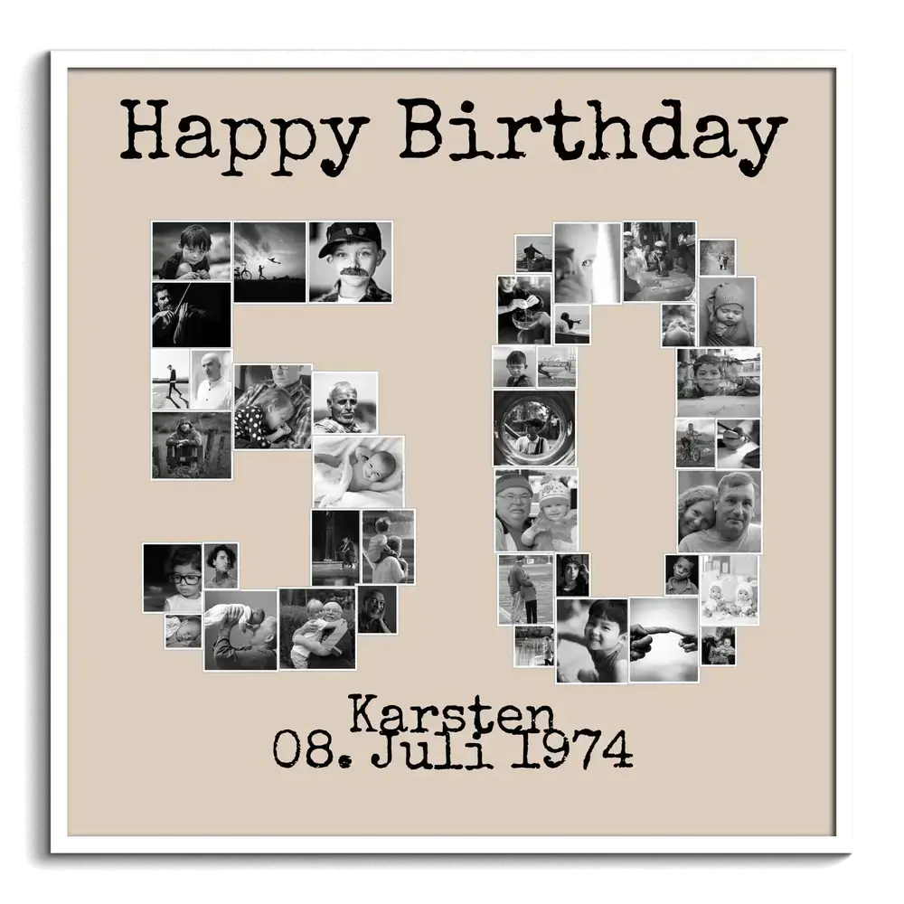 Fotocollage Zahl 50 aus Schwarz-Weiß-Fotos auf Beige im weißen Rahmen, als personalisiertes Geschenk zum 50. Geburtstag