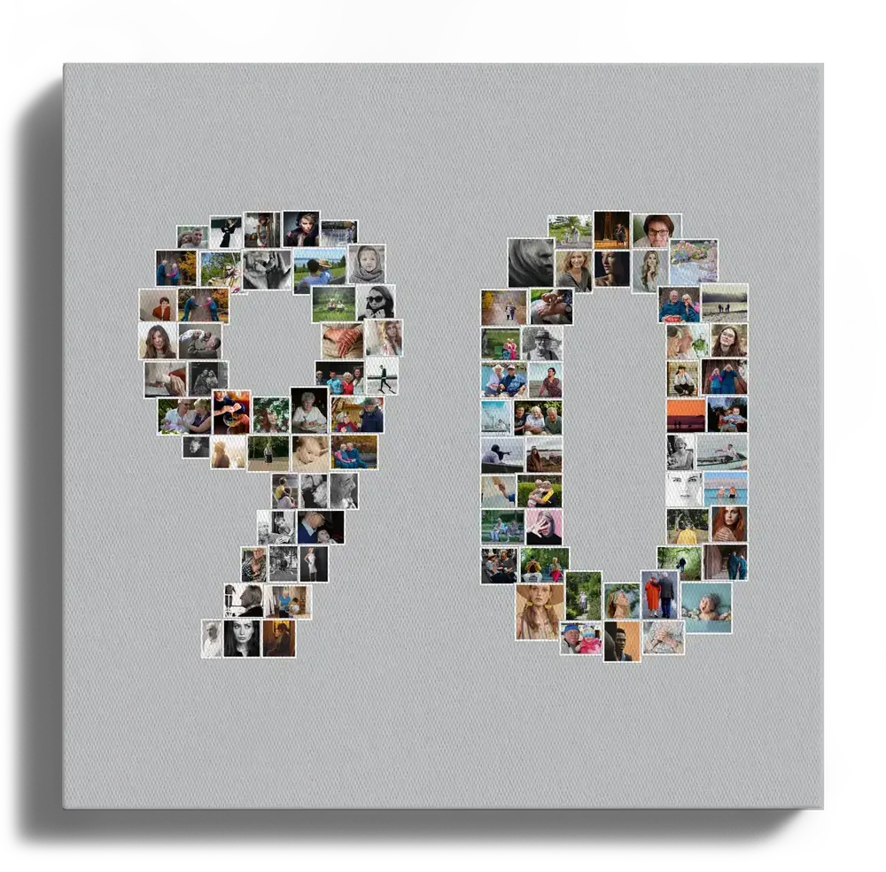Collage photo en forme de 90 sur toile grise, un cadeau personnalisé pour un 90e anniversaire