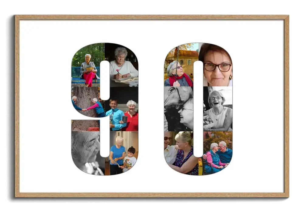 Collage de photos de famille formant le nombre 90 sur fond blanc, en cadre bois naturel au format paysage