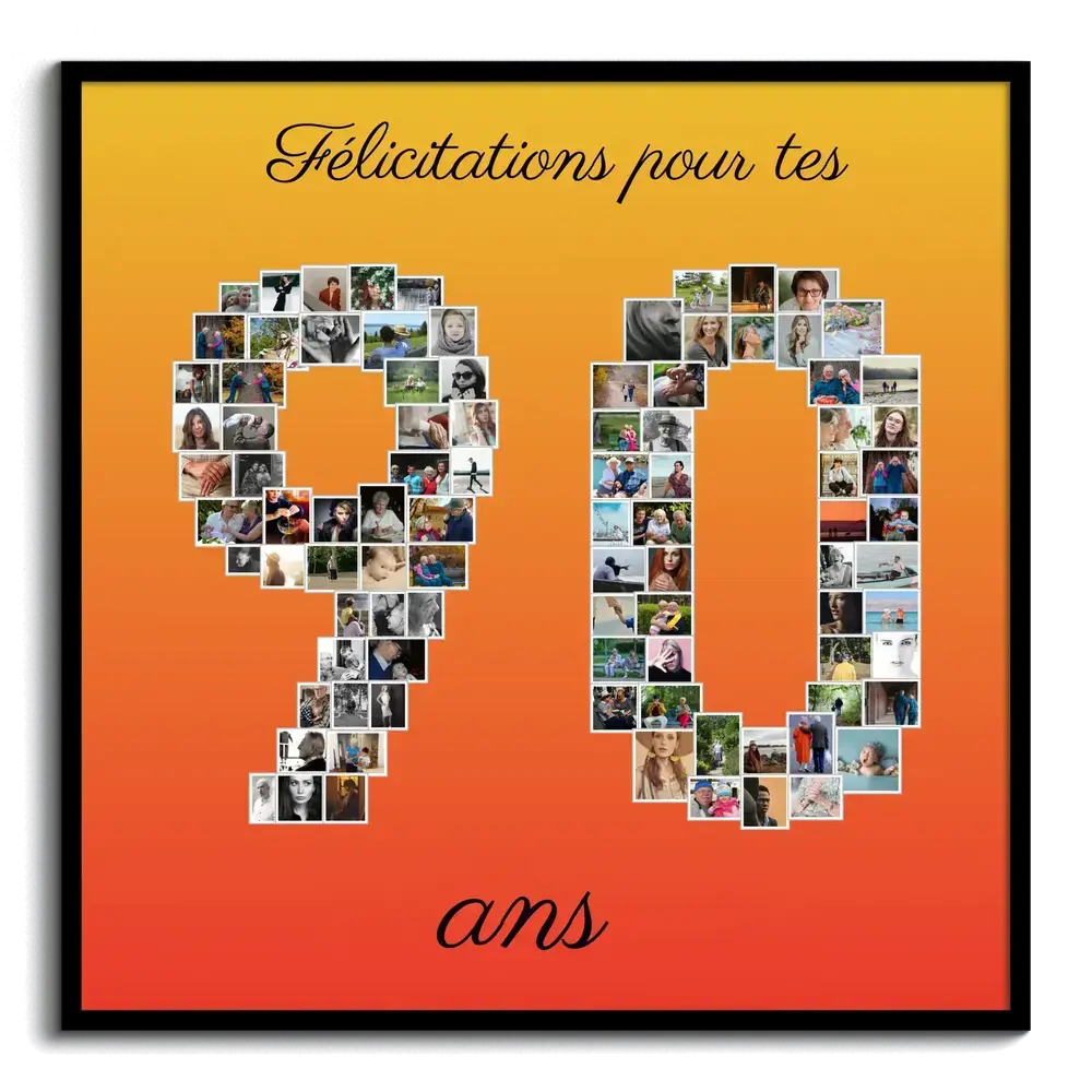 Collage de nombreuses photos formant le nombre 90, sur fond dégradé jaune et rouge dans un cadre noir
