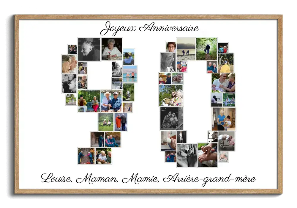 Collage photo en forme de 90 dans un cadre en bois, cadeau pour un 90e anniversaire