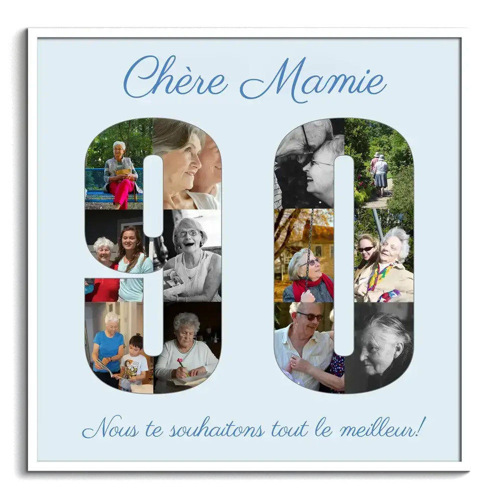 Pêle-mêle photo en forme de 90 sur fond bleu clair, encadré en blanc, une idée cadeau pour les 90 ans de mamie