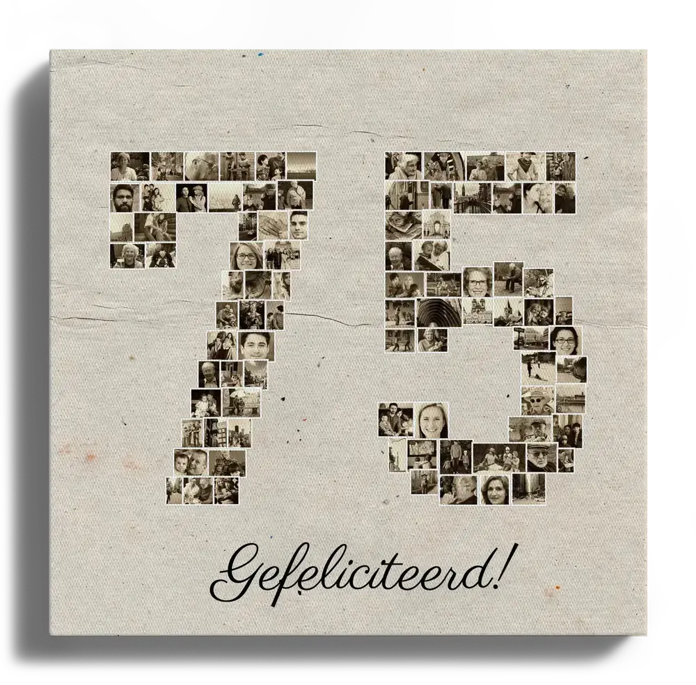 Fotocollage op canvas met foto's in sepiatinten in de vorm van 75, op een beige achtergrond met verjaardagswens