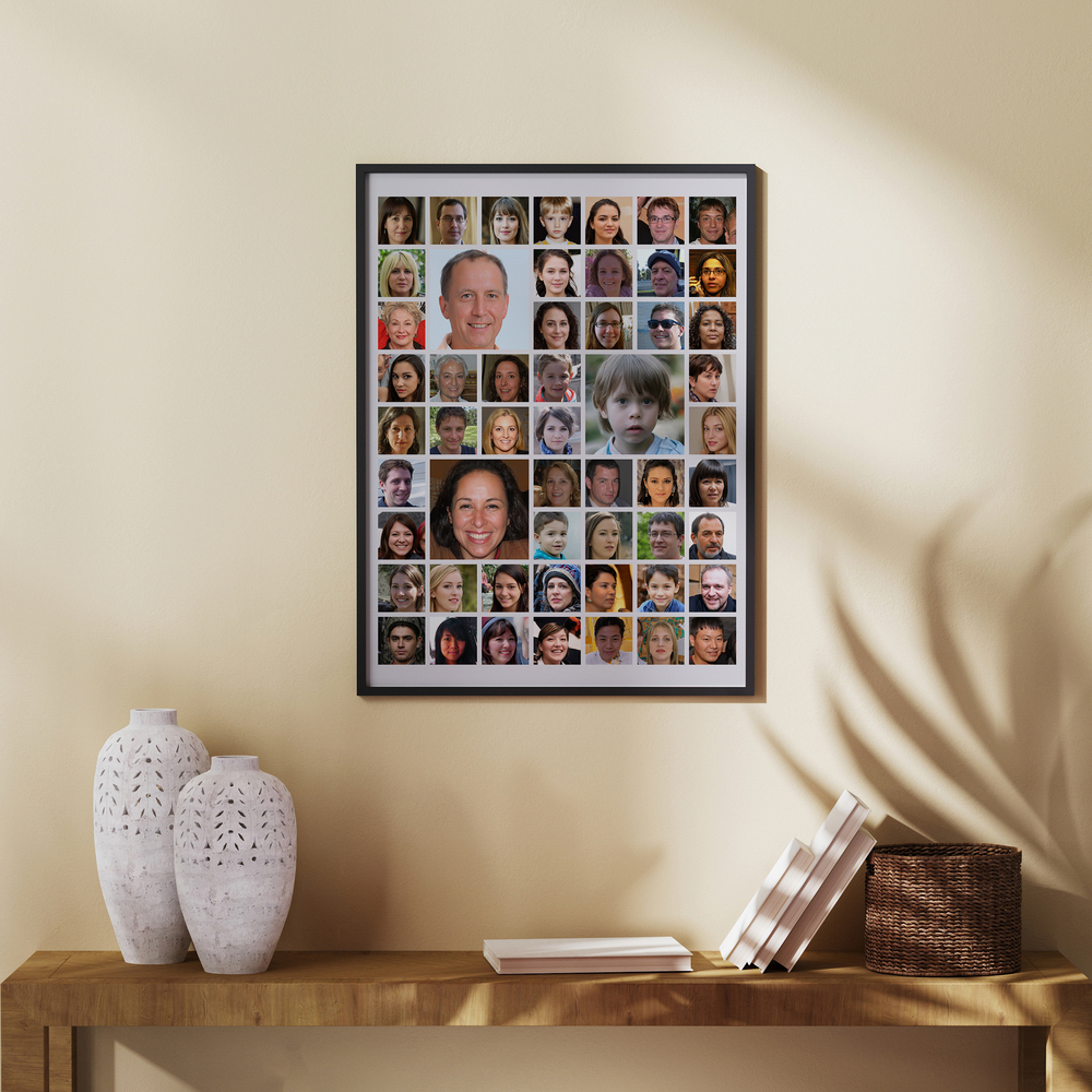 Collage de portraits de tailles variées en cadre noir, au-dessus d’une console en bois avec des vases blancs