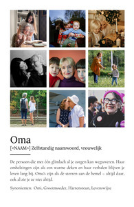 Maak een persoonlijke "Oma" poster met foto & Duden-stijl tekst als cadeau.