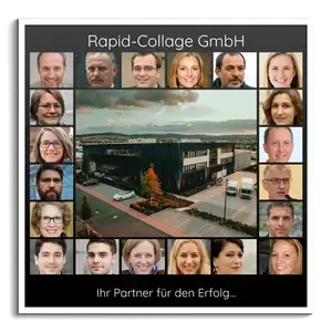 Quadratische Collage „Unser Unternehmen“ mit großem Foto in der Mitte