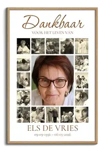 Maak een staande rouwcollage met een groot portret en 16 foto's vol herinneringen