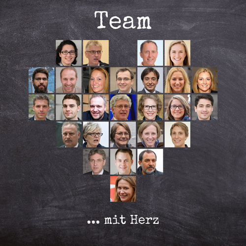 Fotocollage „Team“ in Herzform mit 27 quadratischen Bildern – 40x40cm