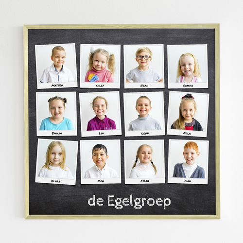 Fotocollage afscheidscadeau kleuterschool groepsfoto polaroid met kindernamen