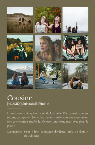 Créez un poster définition "Cousine" personnalisé avec vos photos et texte ajustable