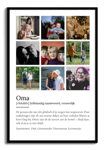 Maak een persoonlijke "Oma" poster met foto & Duden-stijl tekst als cadeau. Maak een persoonlijke "Oma" poster met foto & Duden-stijl tekst als cadeau.